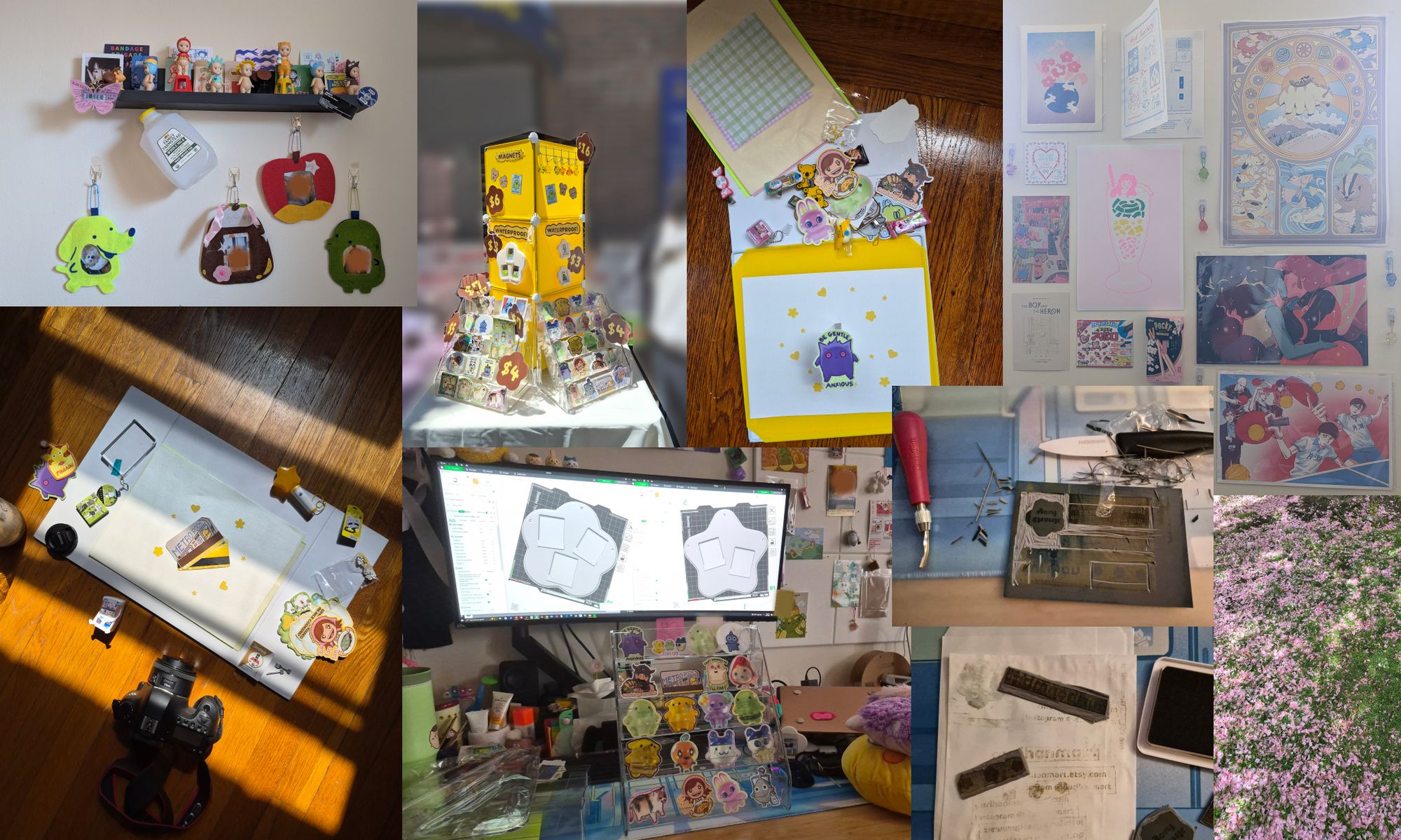 A collage of DurihanMart's workspace: figures and felt keychains on a shelf, a yellow sticker display at a market, sticker packaging, a wall of prints, sticker racks by the computer, linocut carving tools, stamped prints, and fallen pink petals.